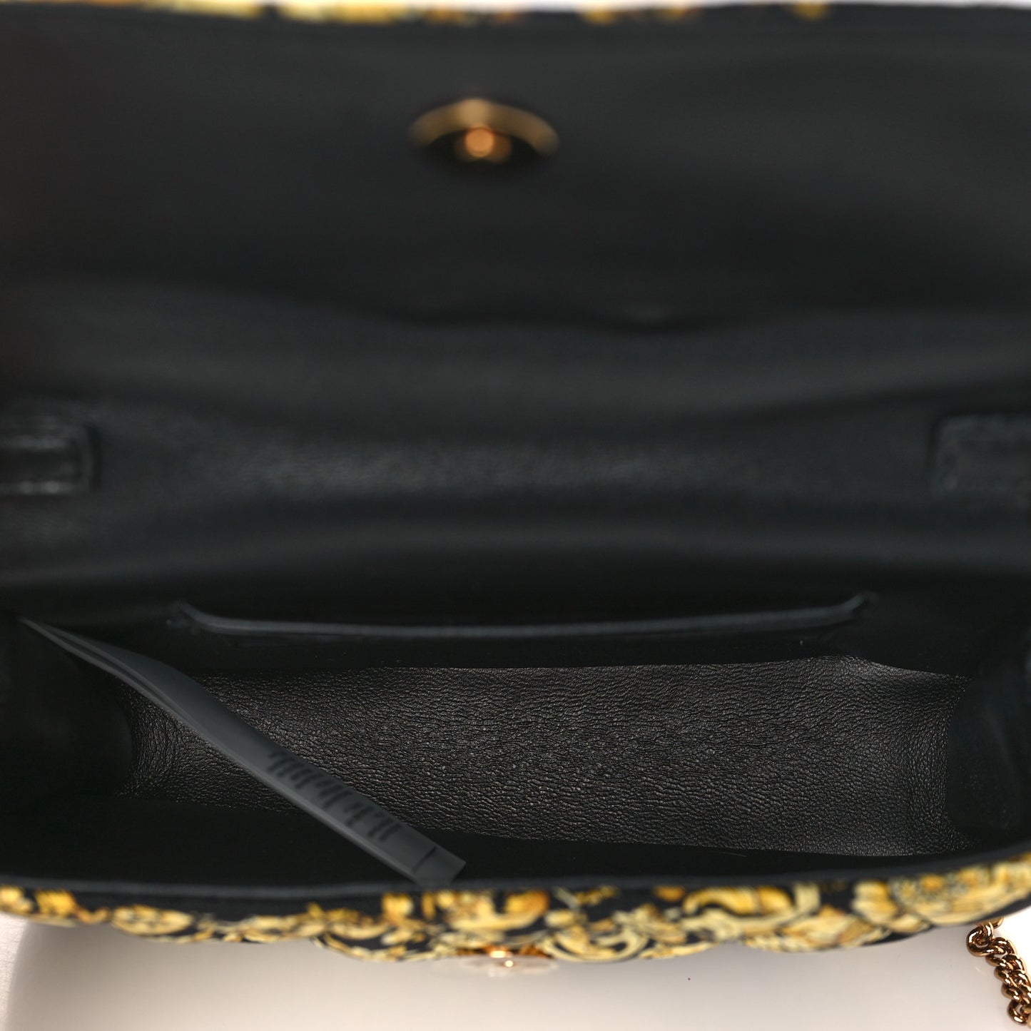 Silk Barocco Printed Quilted Virtus V Mini Chain Flap Shoulder Bag Black Gold