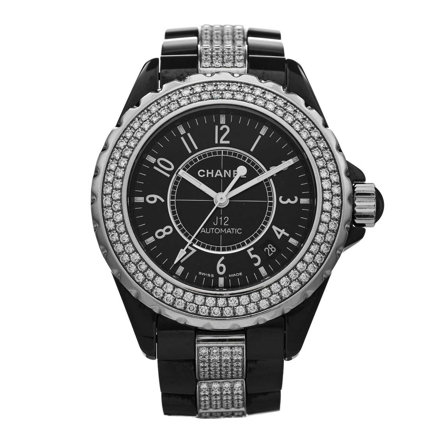 Stainless Steel Ceramic Diamond Pave Bezel 38mm J12 Automatic Watch Black
