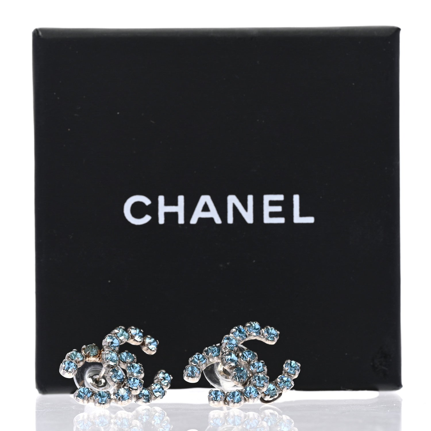 Chanel Crystal CC Earrings Silver Blue 5 of 5