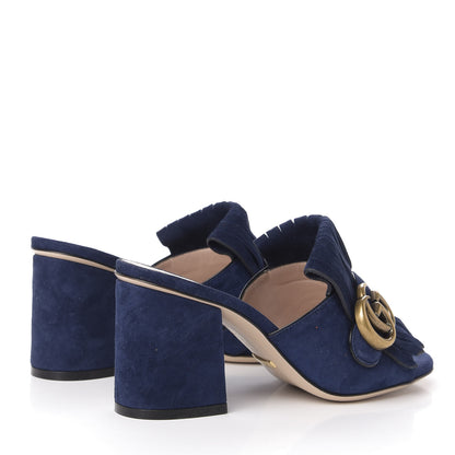 Gucci Kid Scamosciato GG Marmont Fringe 75mm Slide Sandals 35 Blue Ink 4 of 9