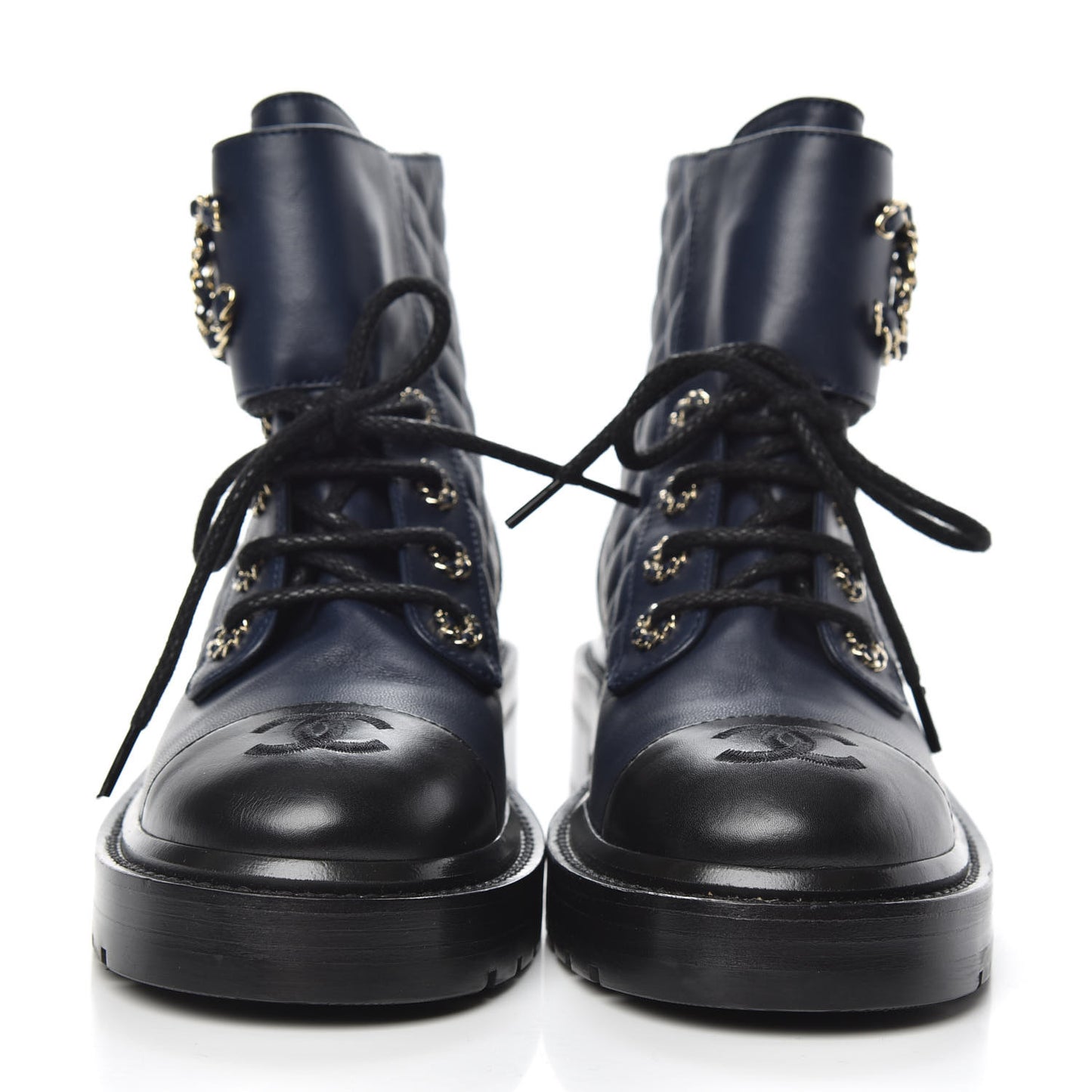 Lambskin Calfskin Quilted Lace Up Combat Boots 35.5 Navy Black