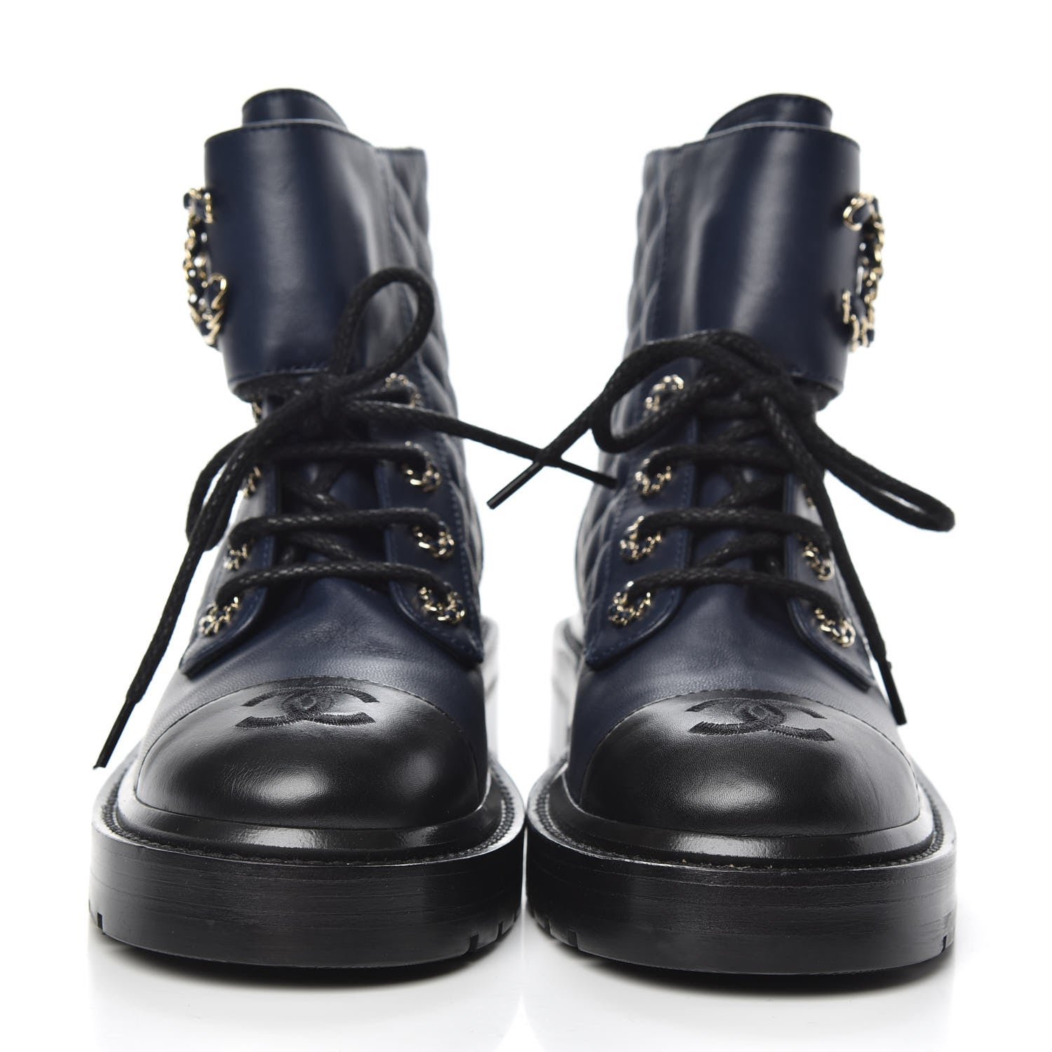 Chanel Lambskin Calfskin Quilted Lace Up Combat Boots 35.5 Navy Black 2 of 7