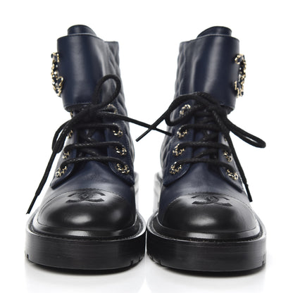 Chanel Lambskin Calfskin Quilted Lace Up Combat Boots 35.5 Navy Black 2 of 7