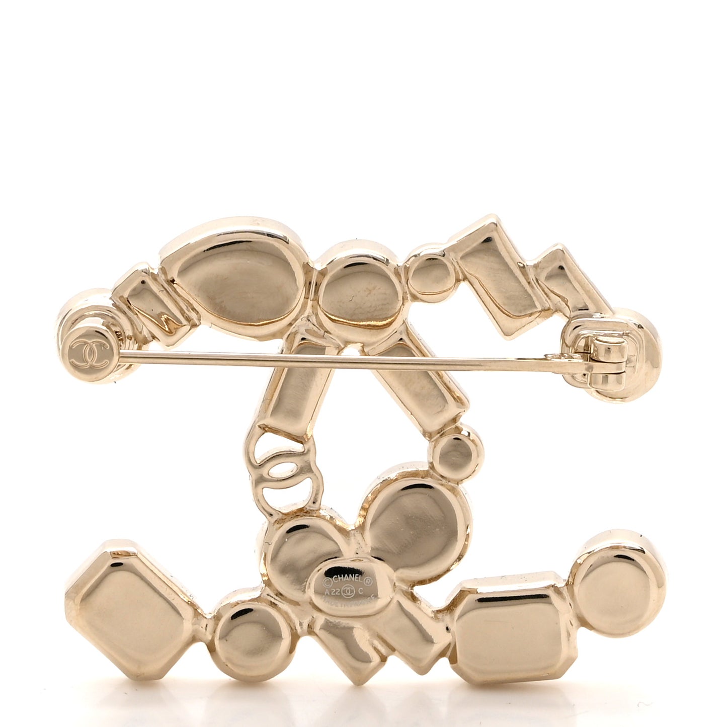 Crystal Baguette Pearl CC Brooch Gold