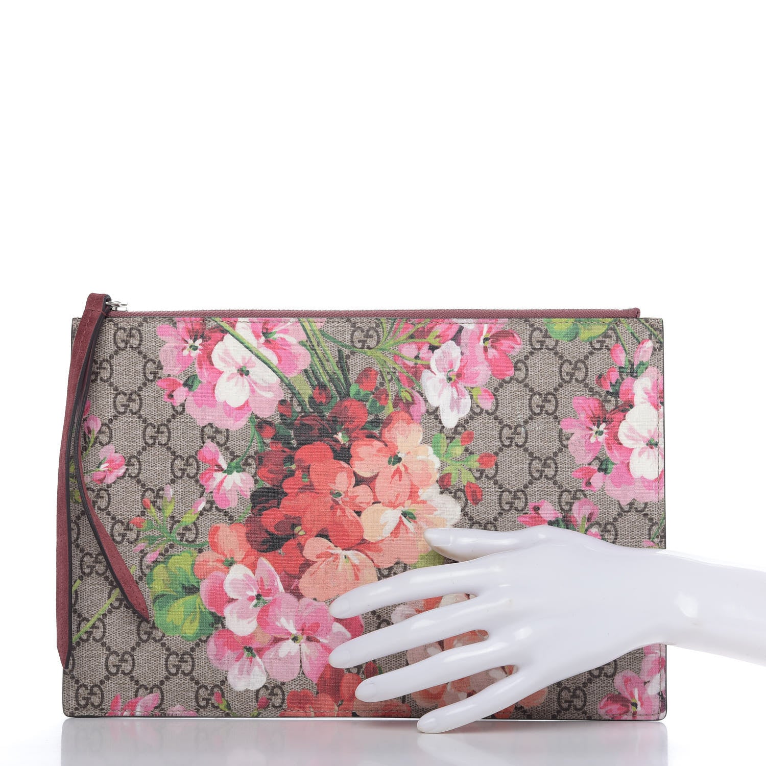 Gucci GG Supreme Monogram Blooms Suede Large Zip Pouch Beige Multicolor Dry Rose 2 of 8