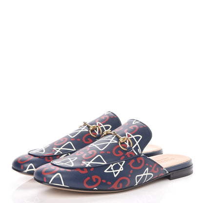 Gucci Calfskin GucciGhost Print Mens Princetown Slippers 12 Blue Agata Hibiscus Red 3 of 8