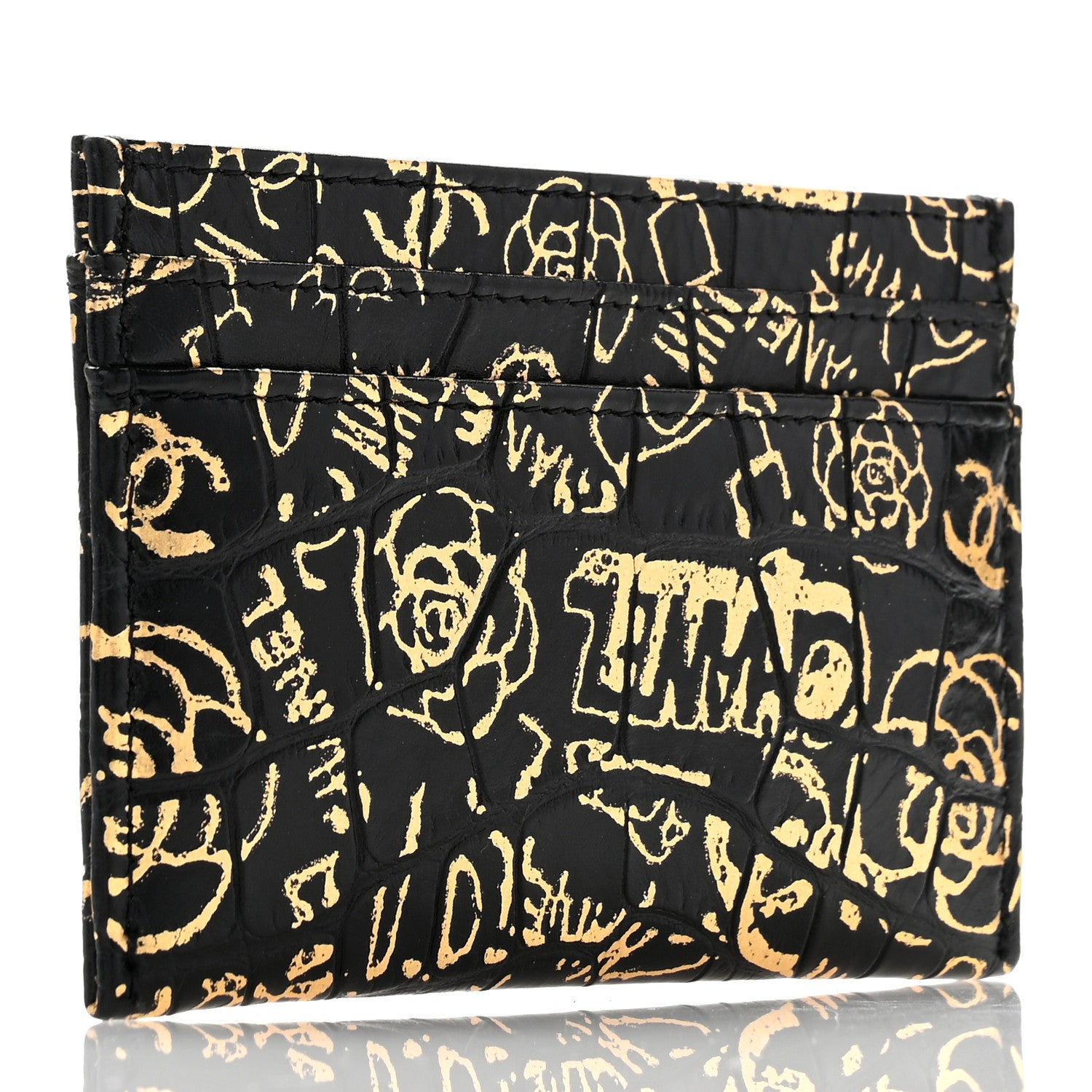 Chanel Calfskin Crocodile Embossed Graffiti 2.55 Cocodile Reissue Card Holder Black Gold 3 of 9