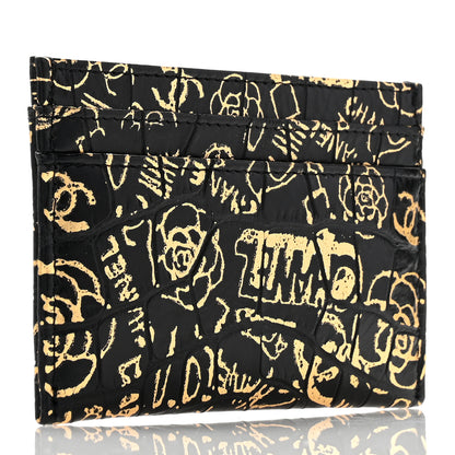 Chanel Calfskin Crocodile Embossed Graffiti 2.55 Cocodile Reissue Card Holder Black Gold 3 of 9