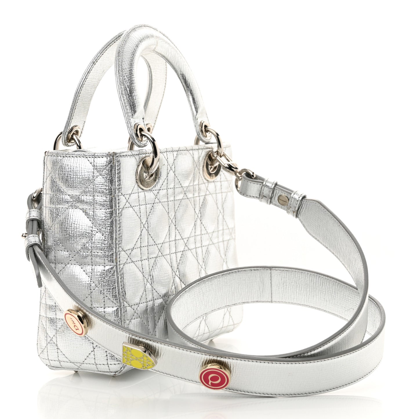 Metallic Grained Calfskin Cannage Small Lucky Badges My Lady Dior Silver