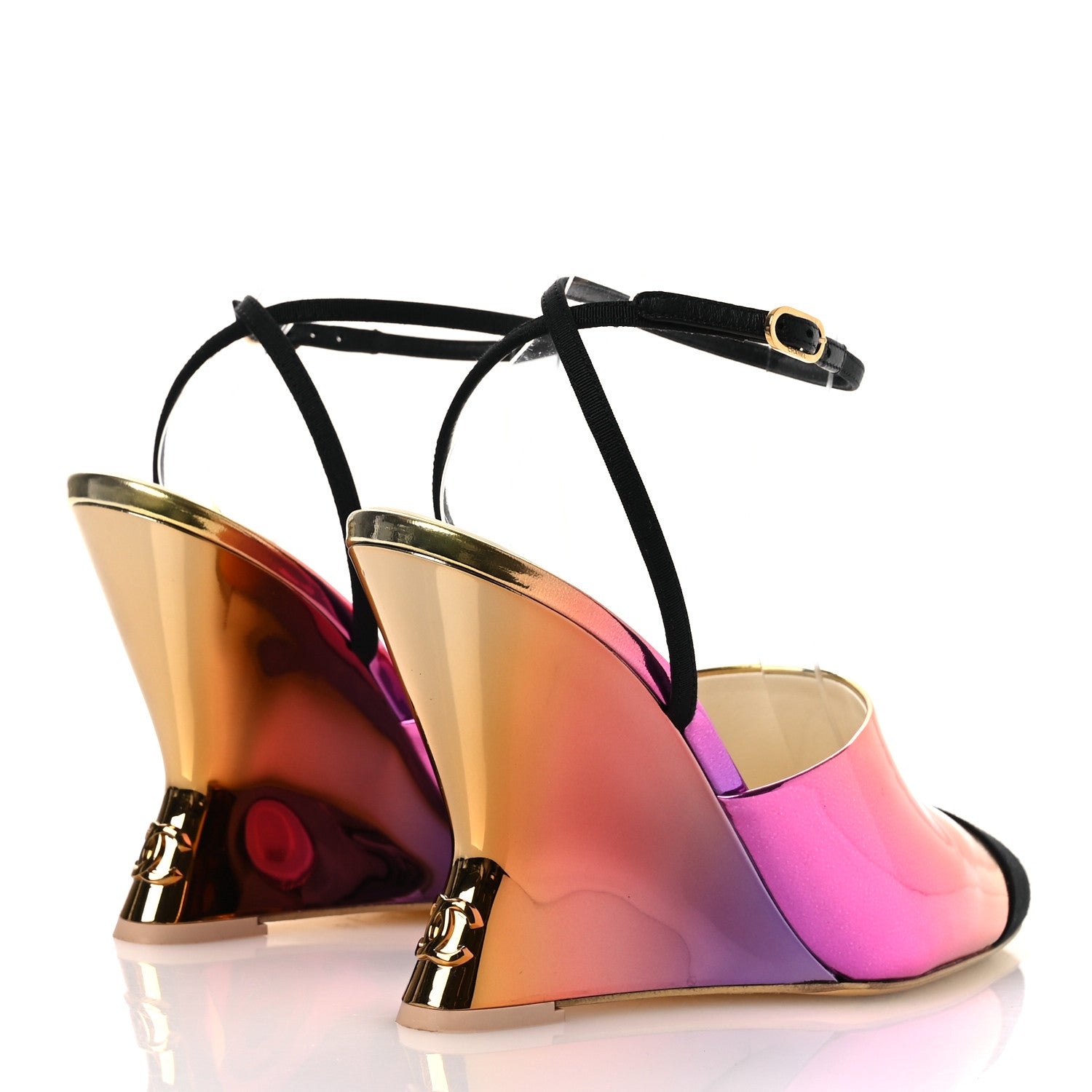 Chanel Laminated Calfskin Grosgrain Cap Toe CC Wedge Pumps 39 Pink Orange Yellow Black 5 of 13
