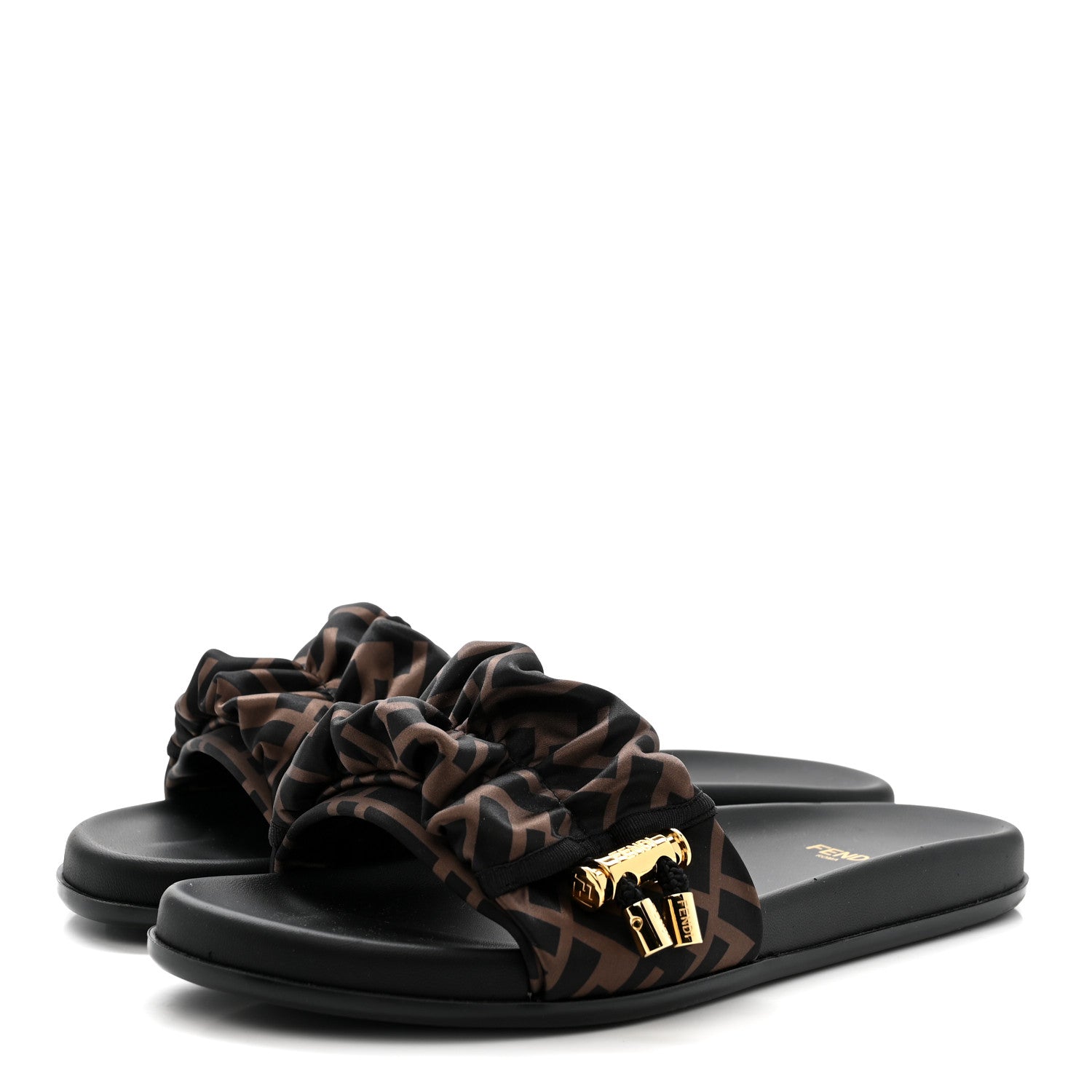 Fendi Satin FF Fendi Feel Slide Sandals 38 Tobacco Black 4 of 9