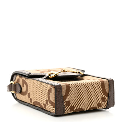 Gucci Monogram Jumbo GG Textured Dollar Calfskin Mini Horsebit 1955 Crossbody Bag Camel Ebony New Acero 4 of 10