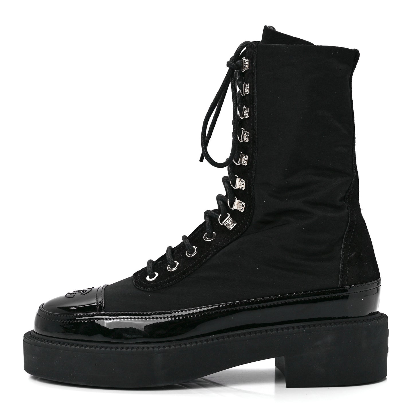 Nylon Suede Patent Calfskin Womens CC Lace Up Boots 37 Black