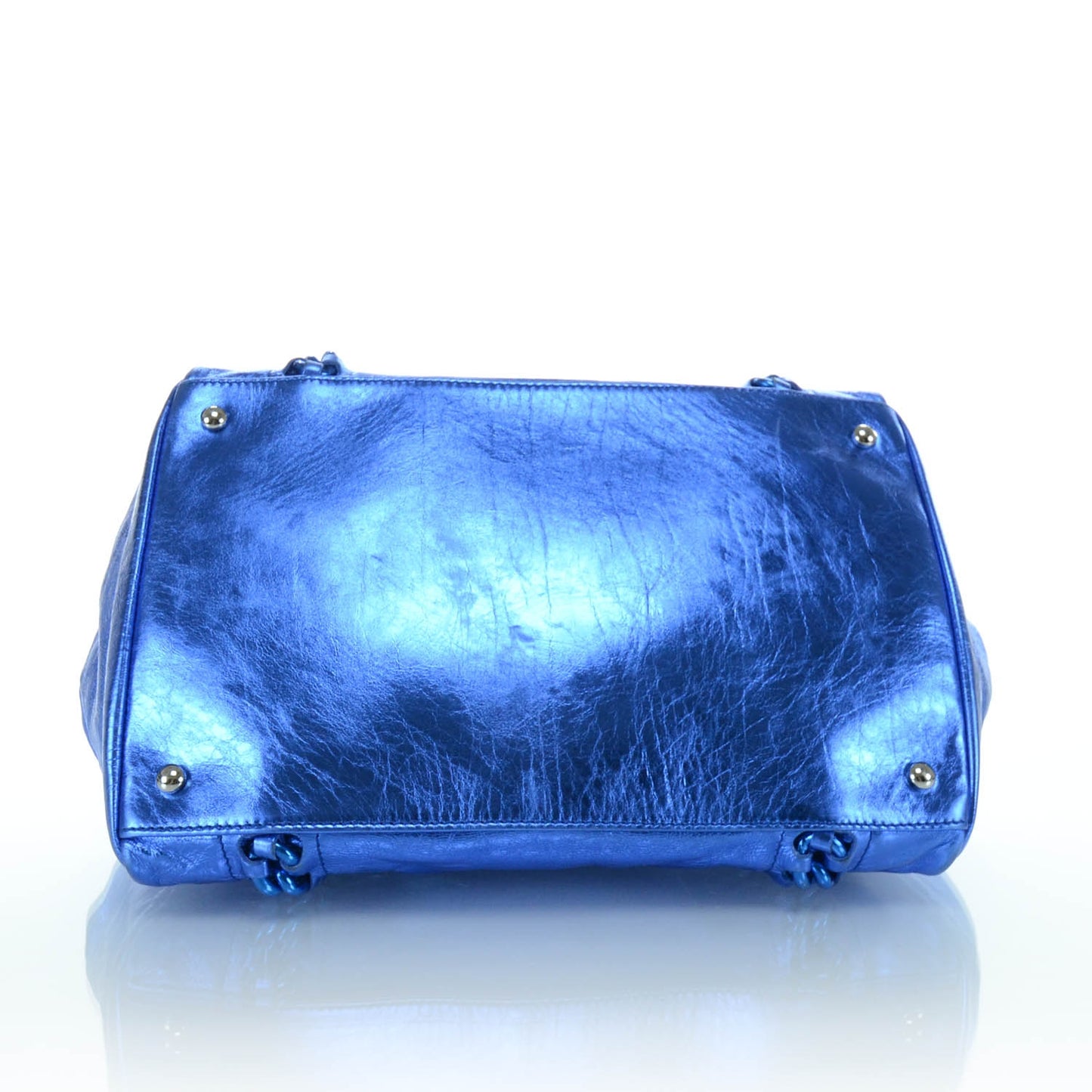 Leather Modern Chain Tote Metallic Blue