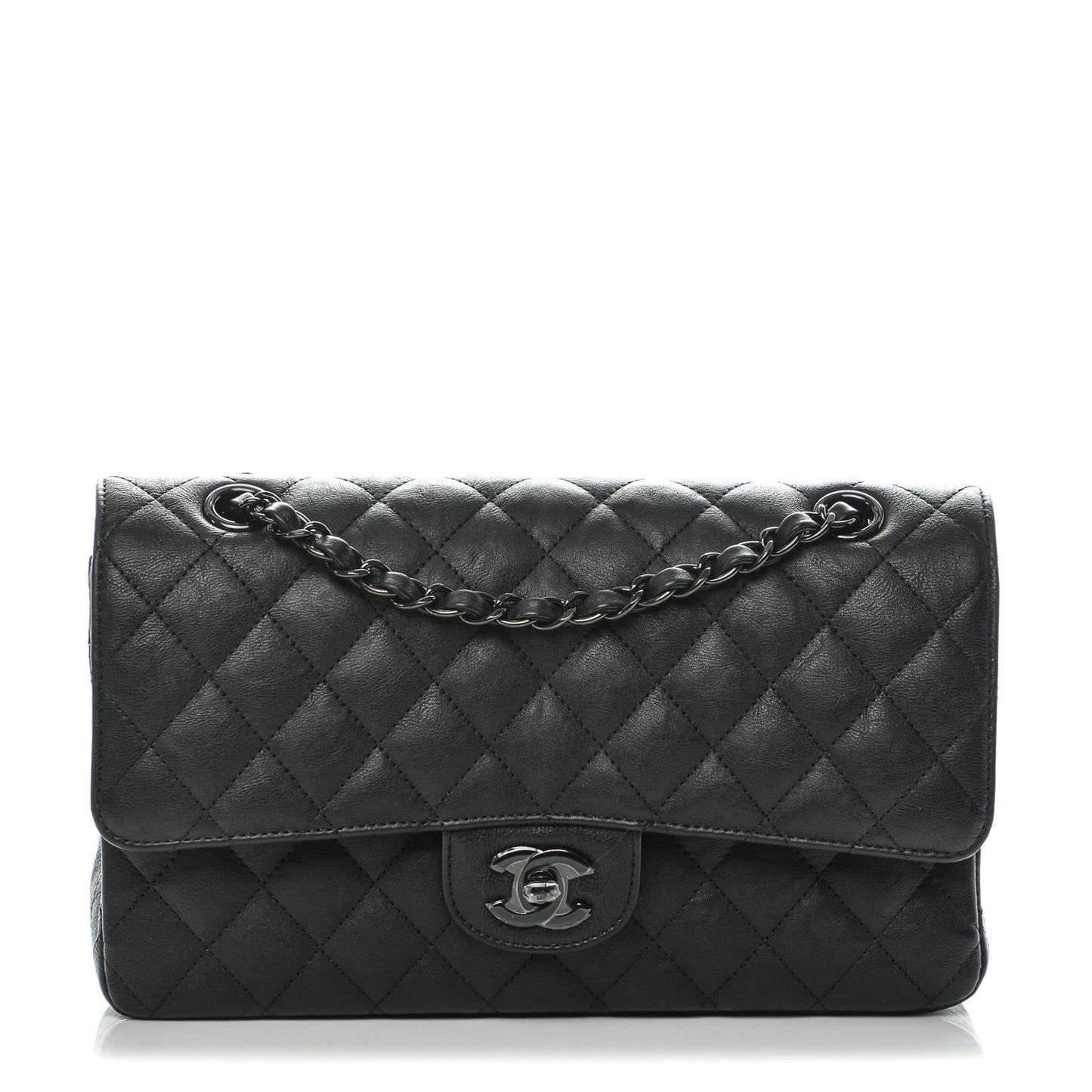 Crumpled Calfskin Quilted Medium Double Flap So Black