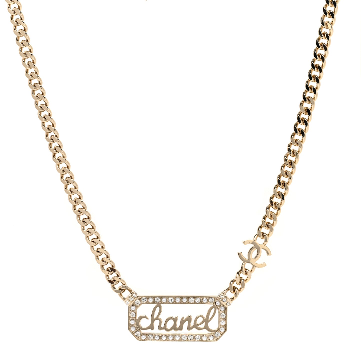 Metal Crystal Pearl Logo Necklace Gold
