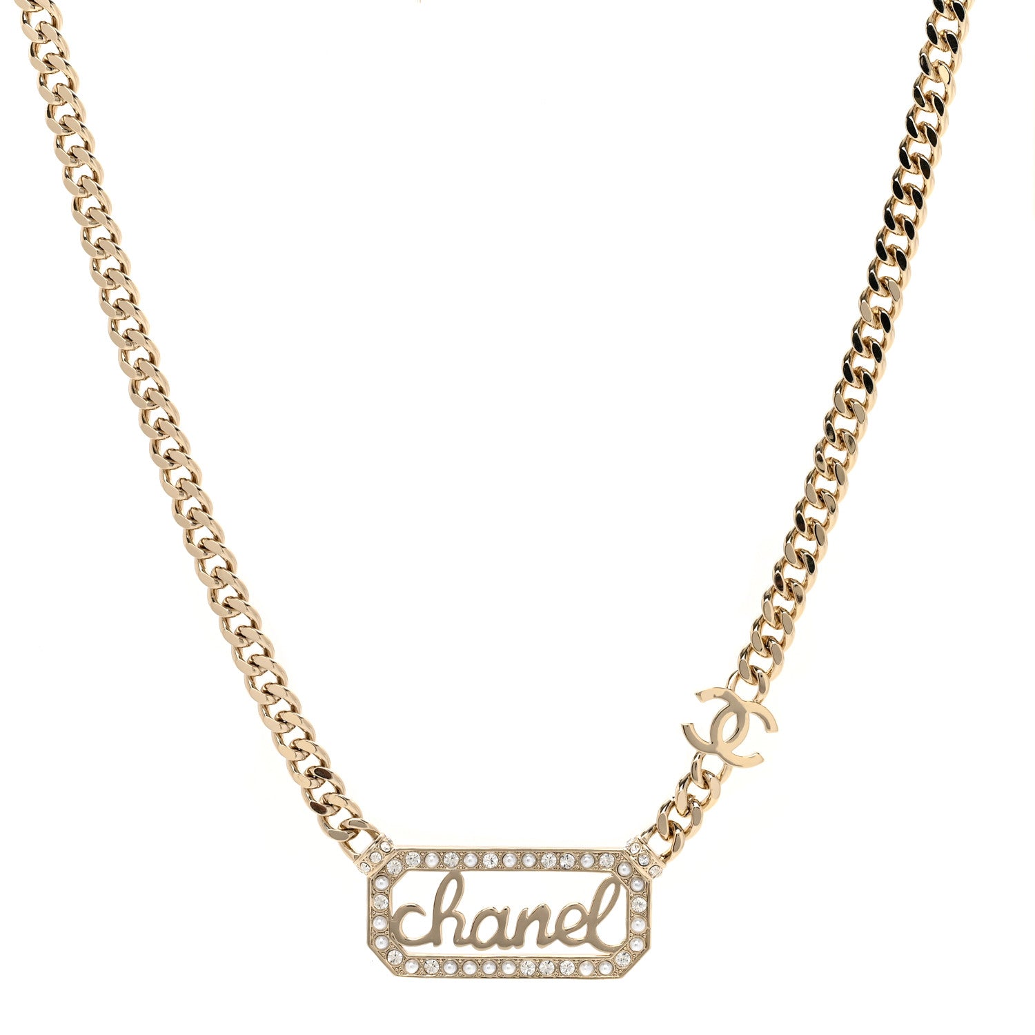 Chanel Metal Crystal Pearl Logo Necklace Gold 1 of 4