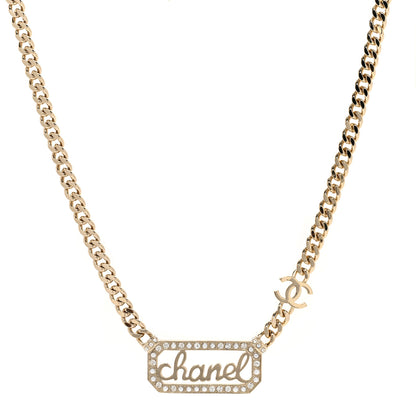 Chanel Metal Crystal Pearl Logo Necklace Gold 1 of 4