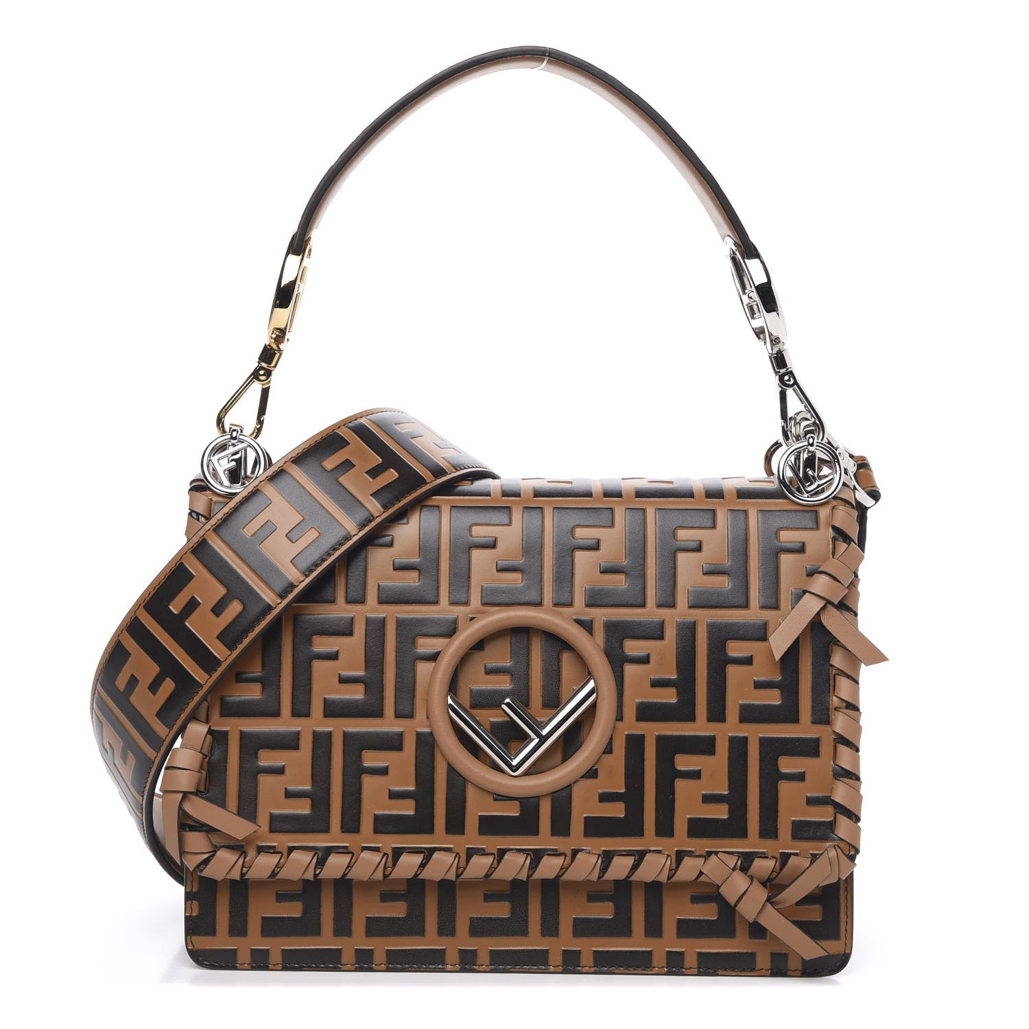Fendi Vitello Century F is Fendi Whipstitch Threads FF Embossed Kan I Shoulder Bag Tobacco Orzo 1 of 14