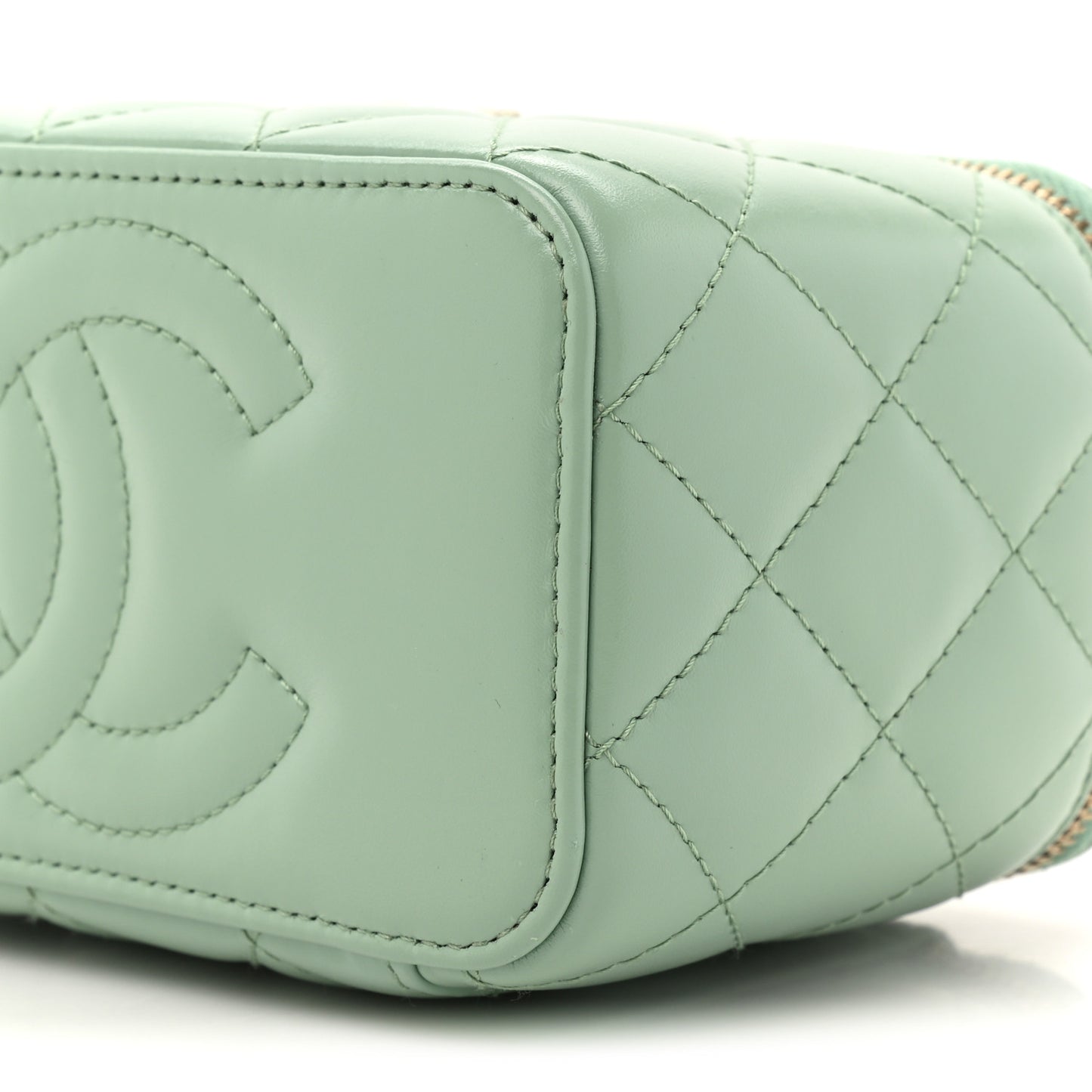 Shiny Calfskin Quilted Small Top Handle Vanity Case With Chain Light Green