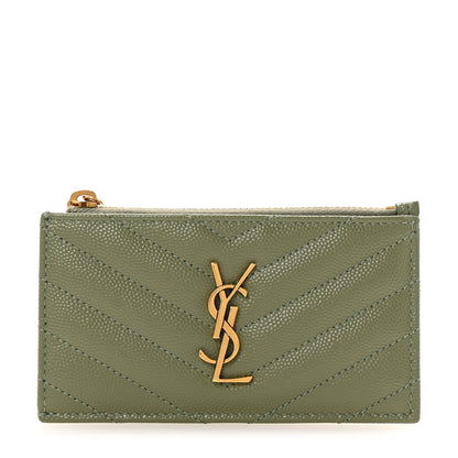 Saint Laurent Monogram Grain de Poudre 5 Fragments Zip Pouch Card Holder Light Sage 1 of 6