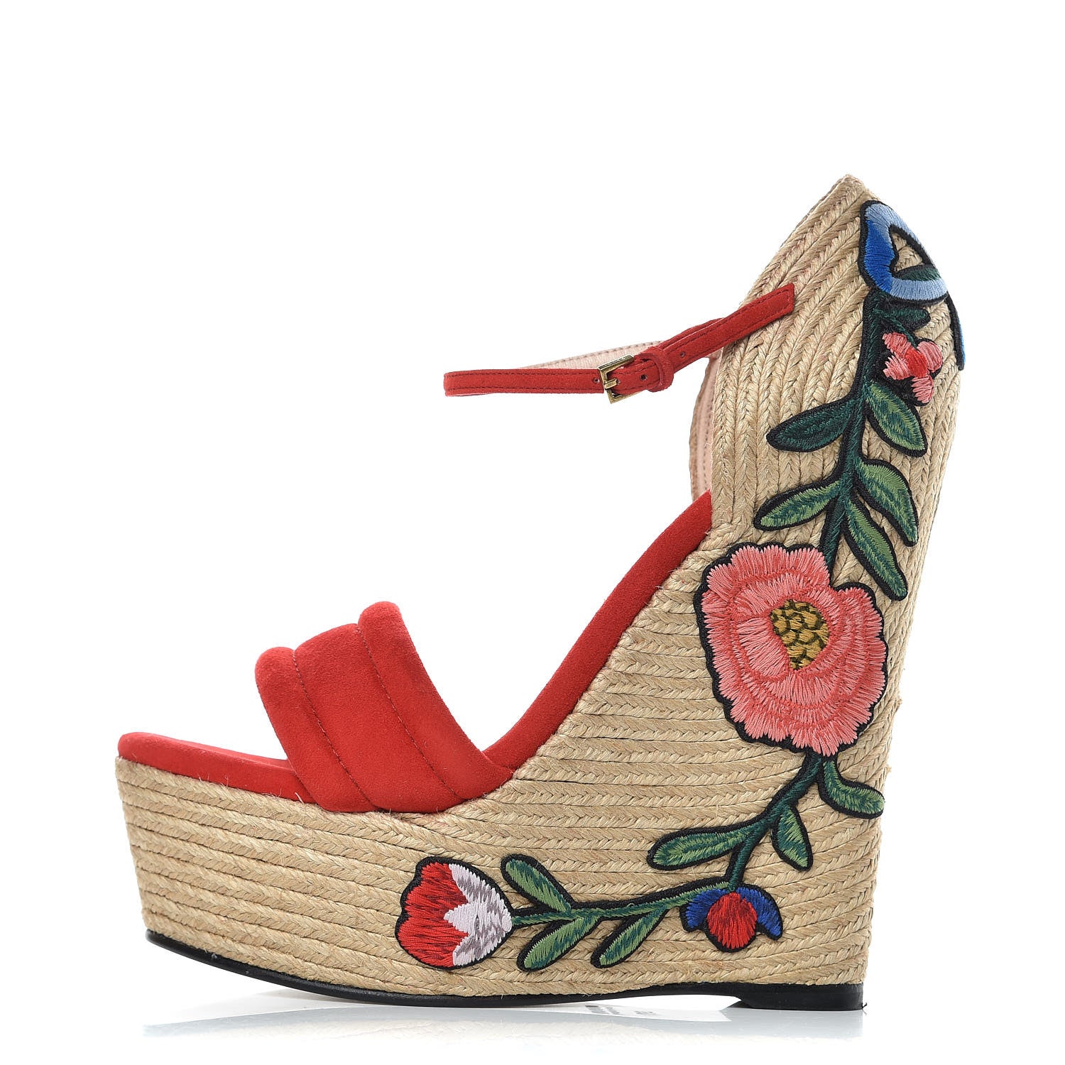 Gucci Kid Scamosciato Ophelia Espadrille Platform Wedge Sandals 37 Hibiscus Rd 1 of 9