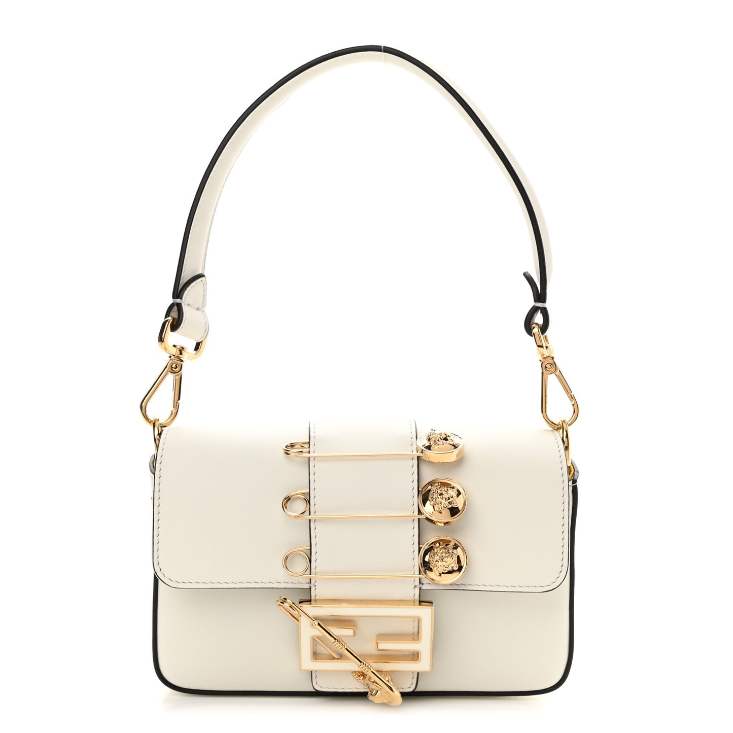 X VERSACE Vitello Seta Fendace Mini Brooch Baguette White Ice