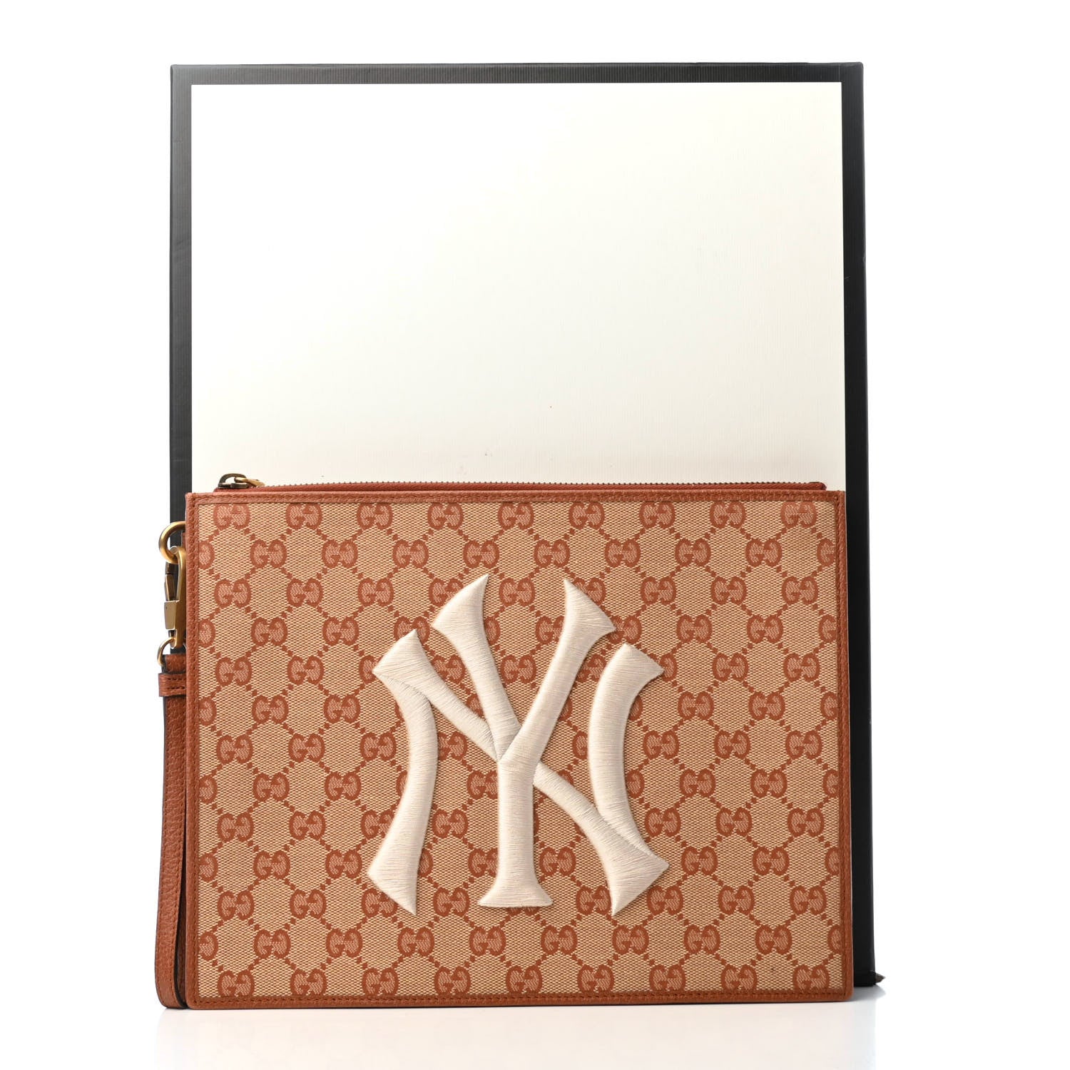 Gucci X MLB GG Monogram NY Yankees Zip Wristlet Pouch Beige Ruggine Ivory 11 of 11