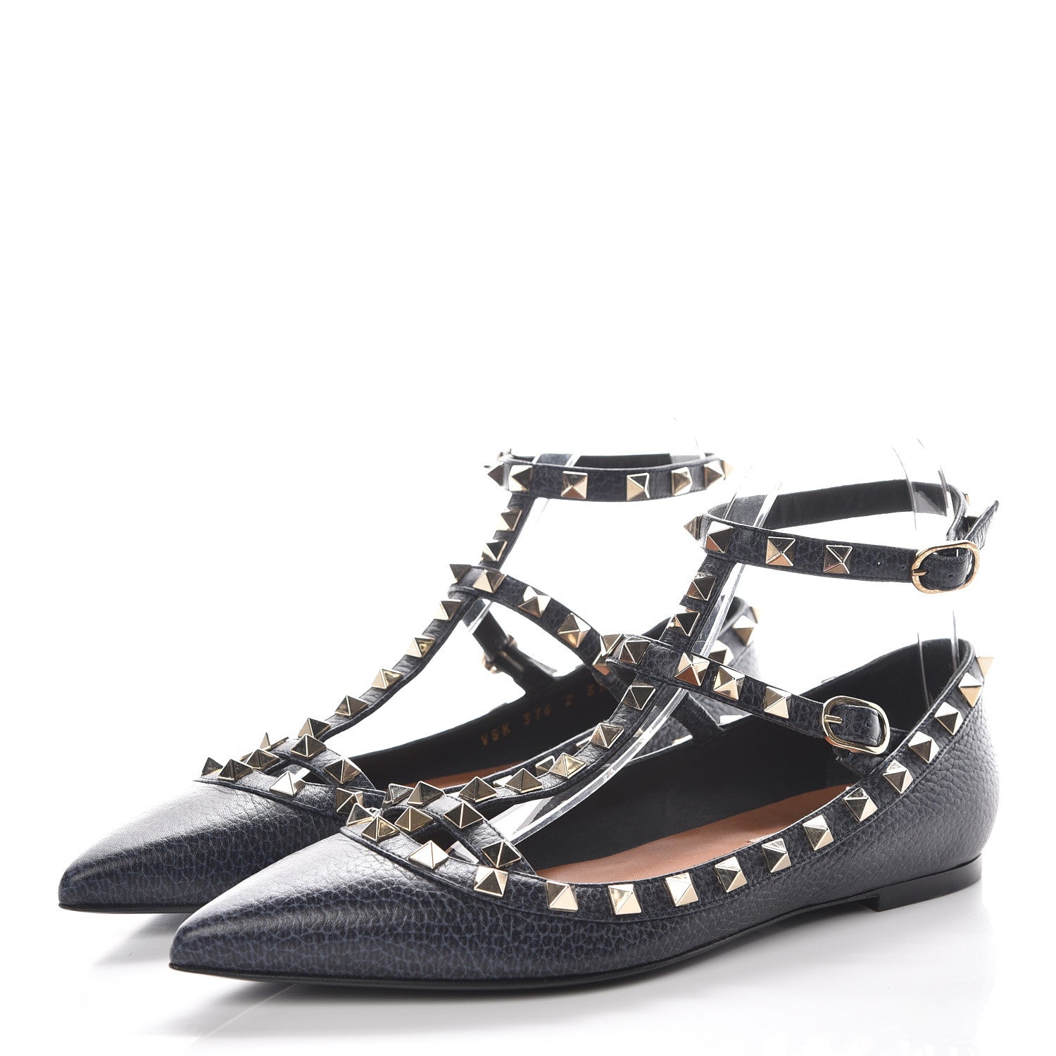 Valentino Garavani Pebbled Calfskin Rockstud Cage Ballerina Flats 37 Deep Denim 3 of 8