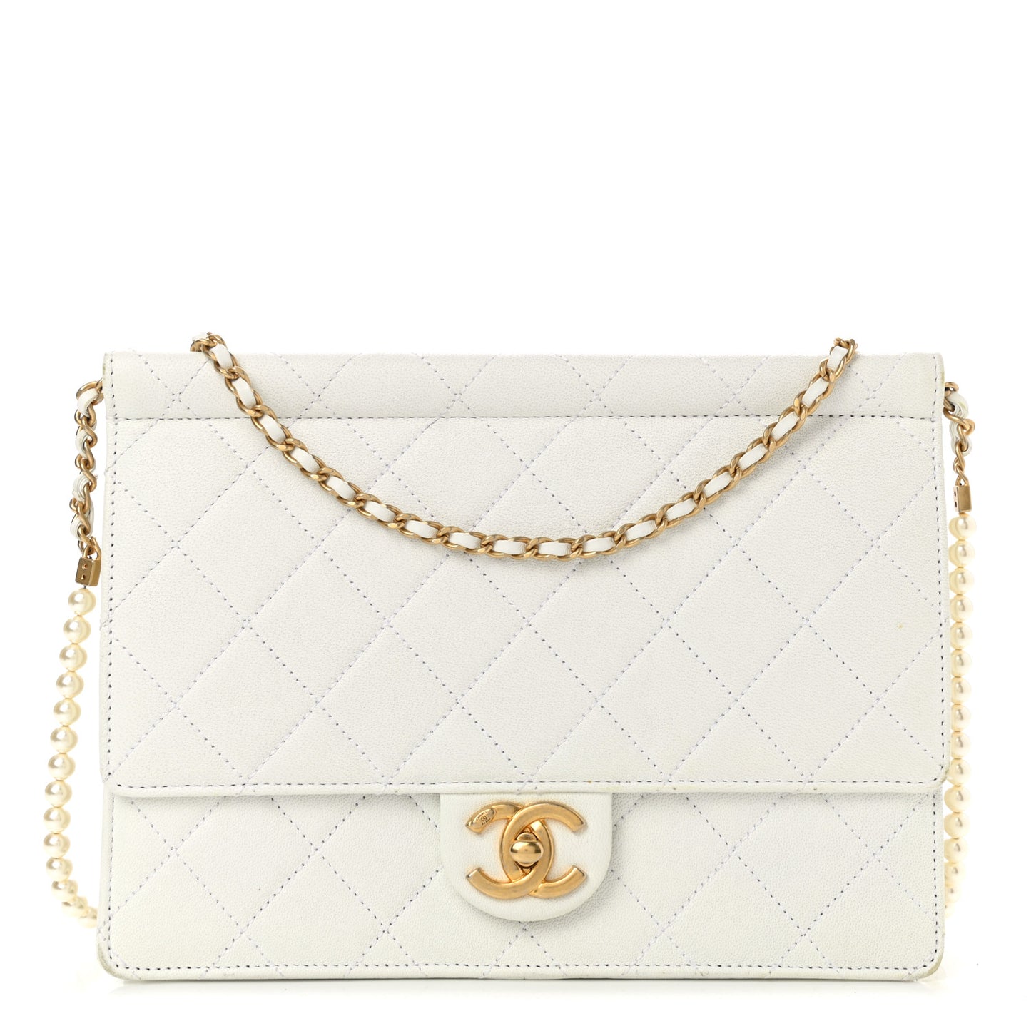 Lambskin Quilted Large Pearl Chain Flap Bag White