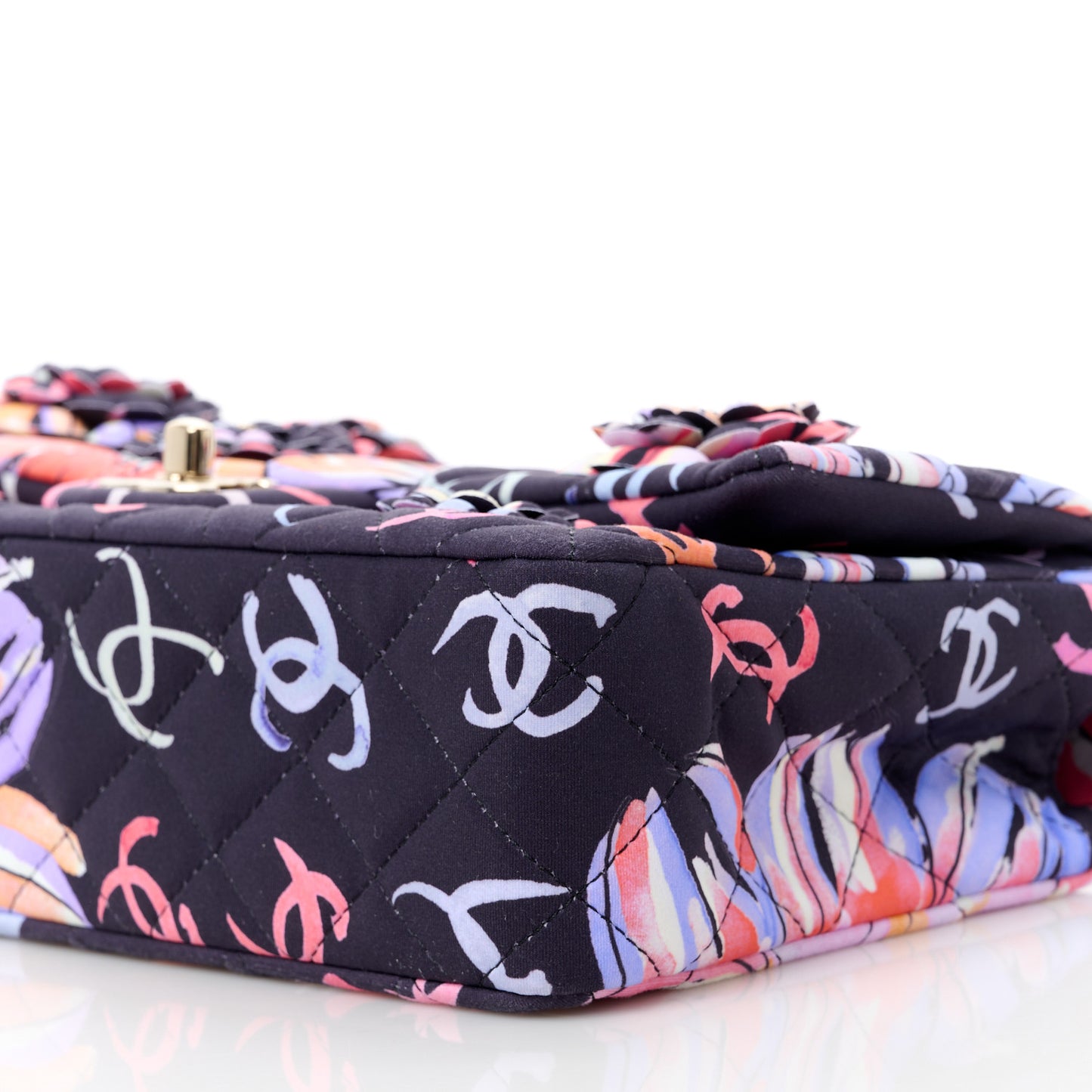 Printed Fabric Quilted Camellia Flap Black Multicolor