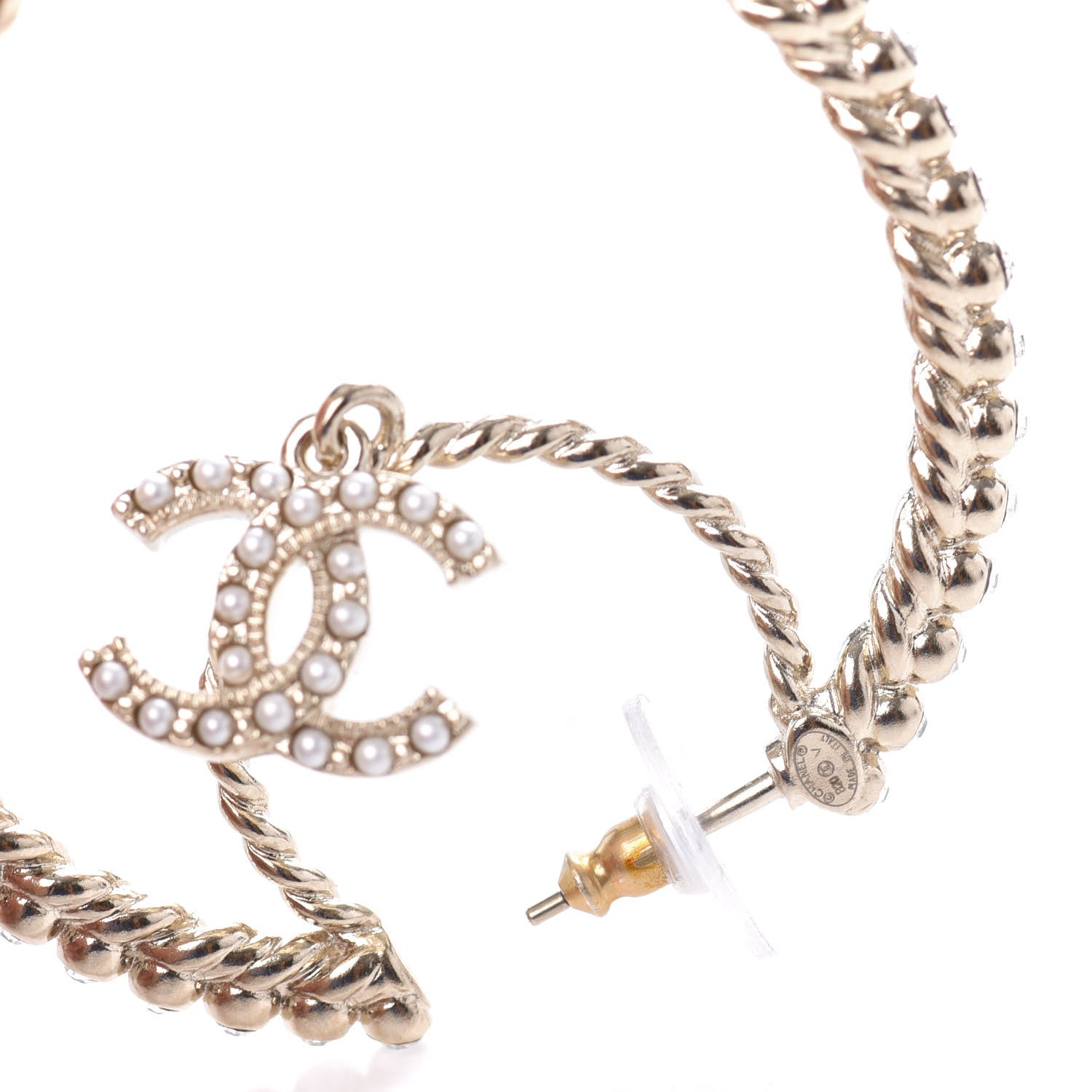 Chanel Crystal Pearl CC Drop Hoop Earrings Gold Pearly White 6 of 7