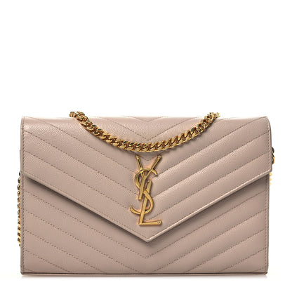 Saint Laurent Grain De Poudre Matelasse Chevron Cassandre Envelope Chain Wallet Dark Beige 1 of 15