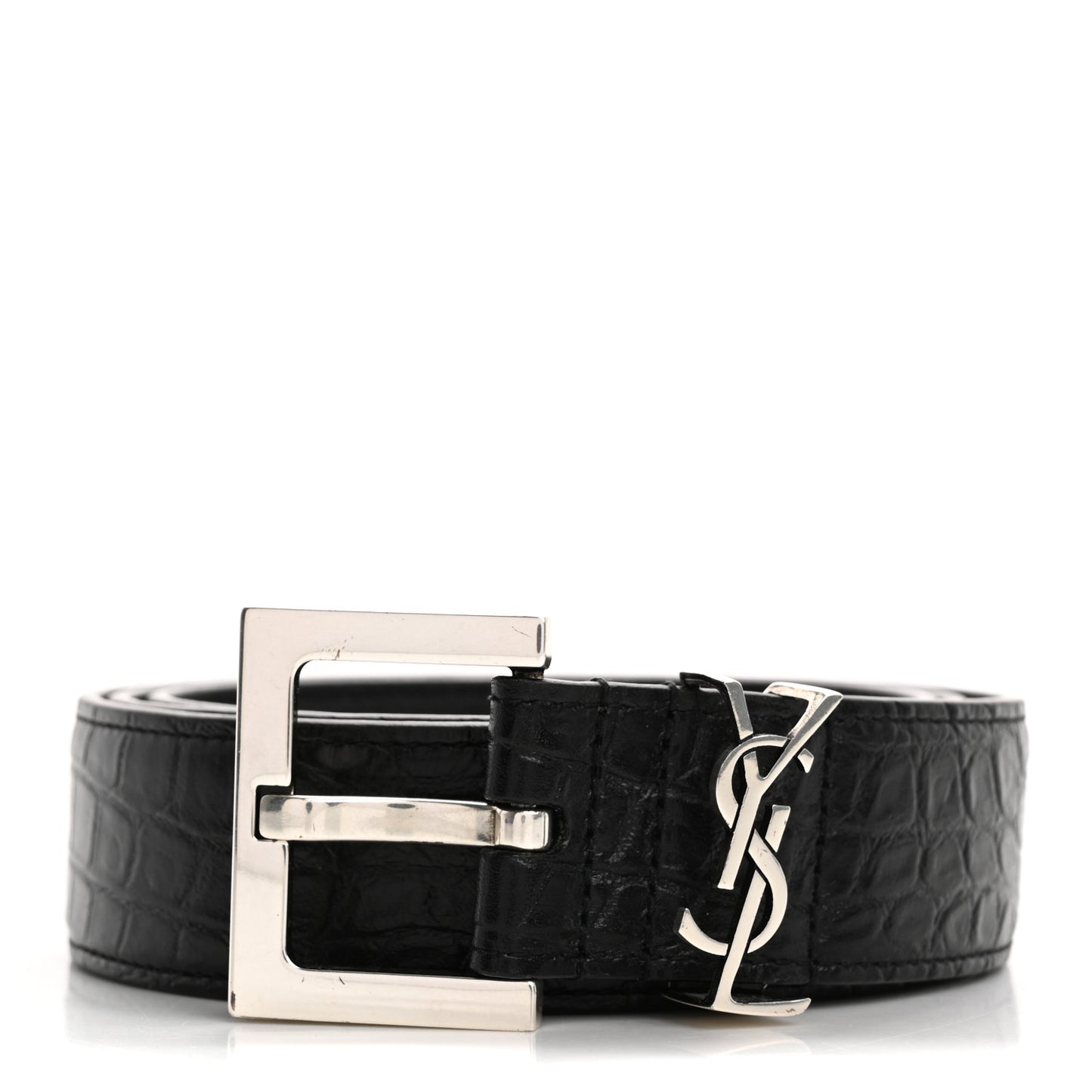 Calfskin Crocodile Embossed Monogram Square Buckle Belt Black