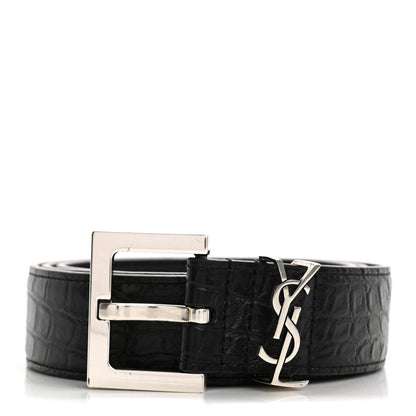 Saint Laurent Calfskin Crocodile Embossed Monogram Square Buckle Belt Black 1 of 7