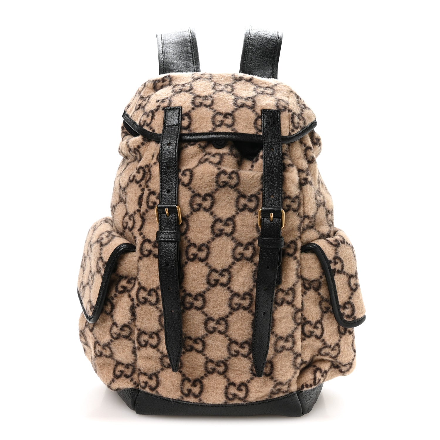 Gucci Covered Wool GG Monogram Small Double Buckle Backpack Beige Ebony Black 1 of 9