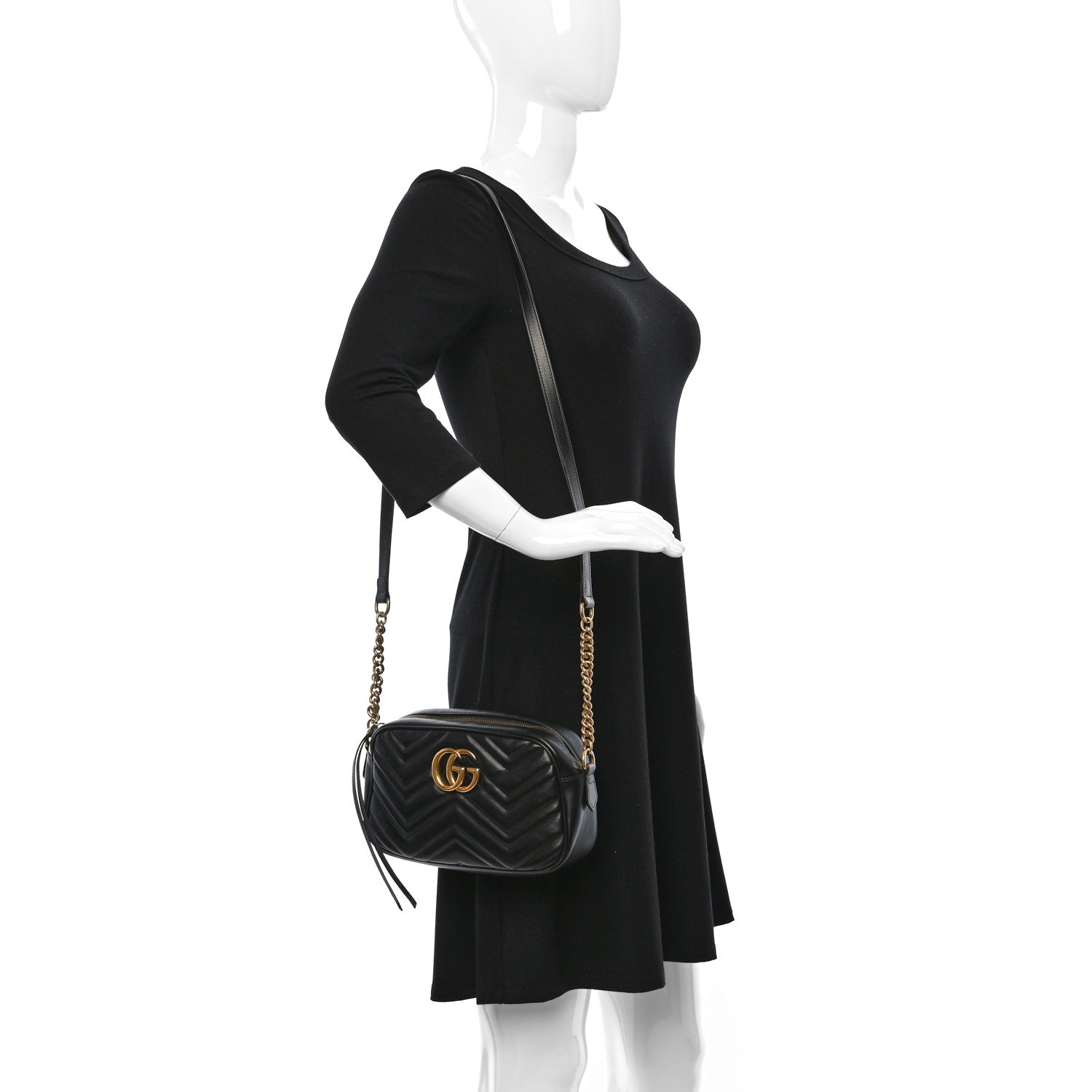 Gucci Calfskin Matelasse Small GG Marmont Chain Shoulder Bag Black 2 of 9