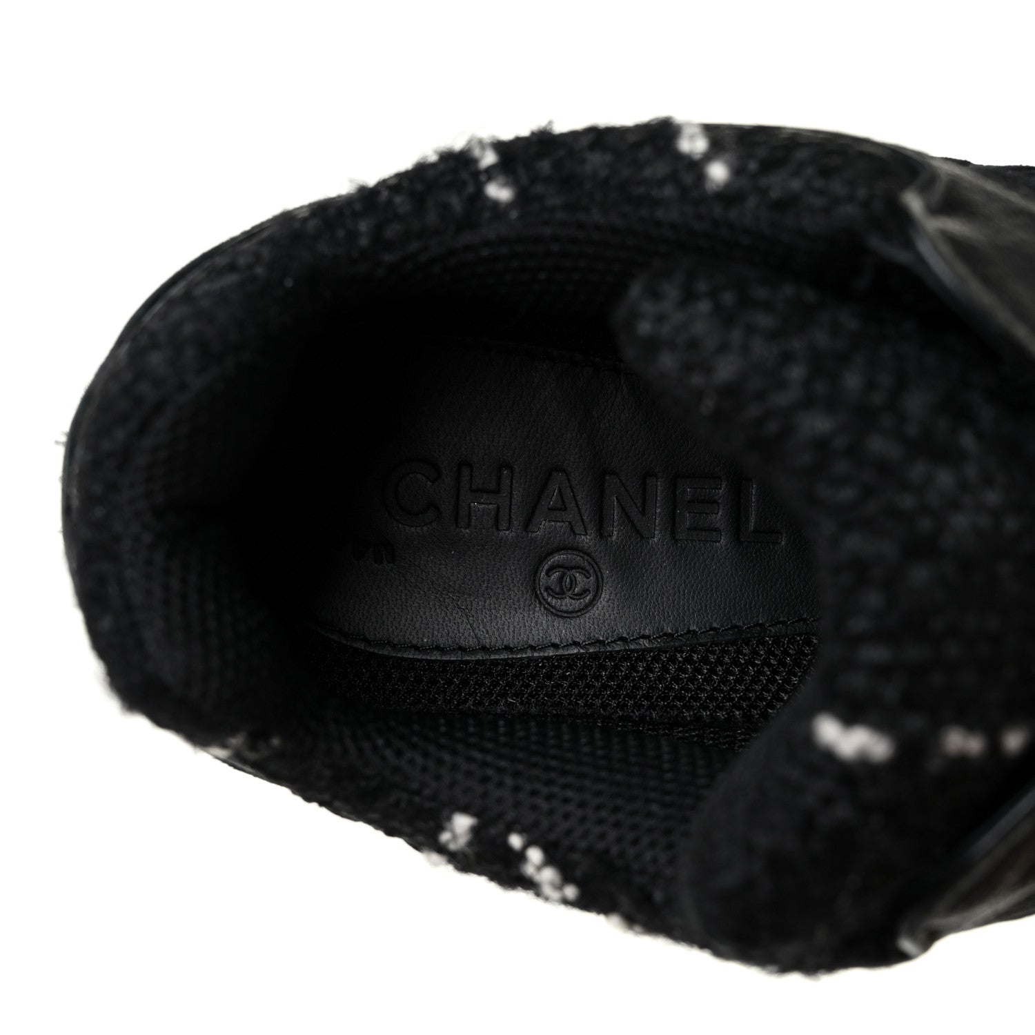 Chanel Tweed Suede Goatskin CC Sneakers 39.5 Black White 7 of 9