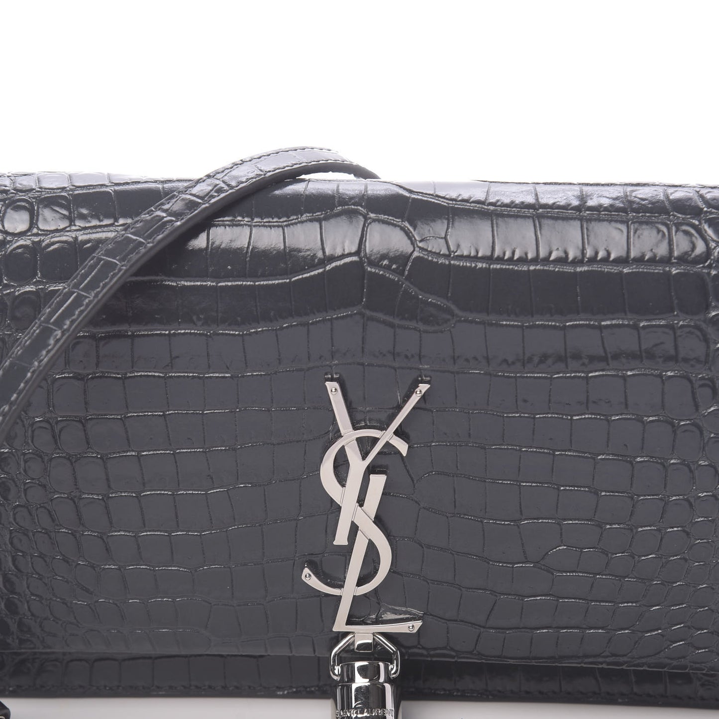 Calfskin Crocodile Embossed Kate Monogram Tassel Chain Wallet Dark Smog