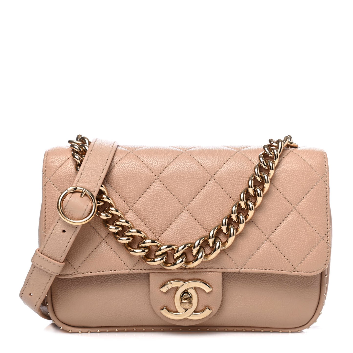 Caviar Quilted Small Studded Flap Beige