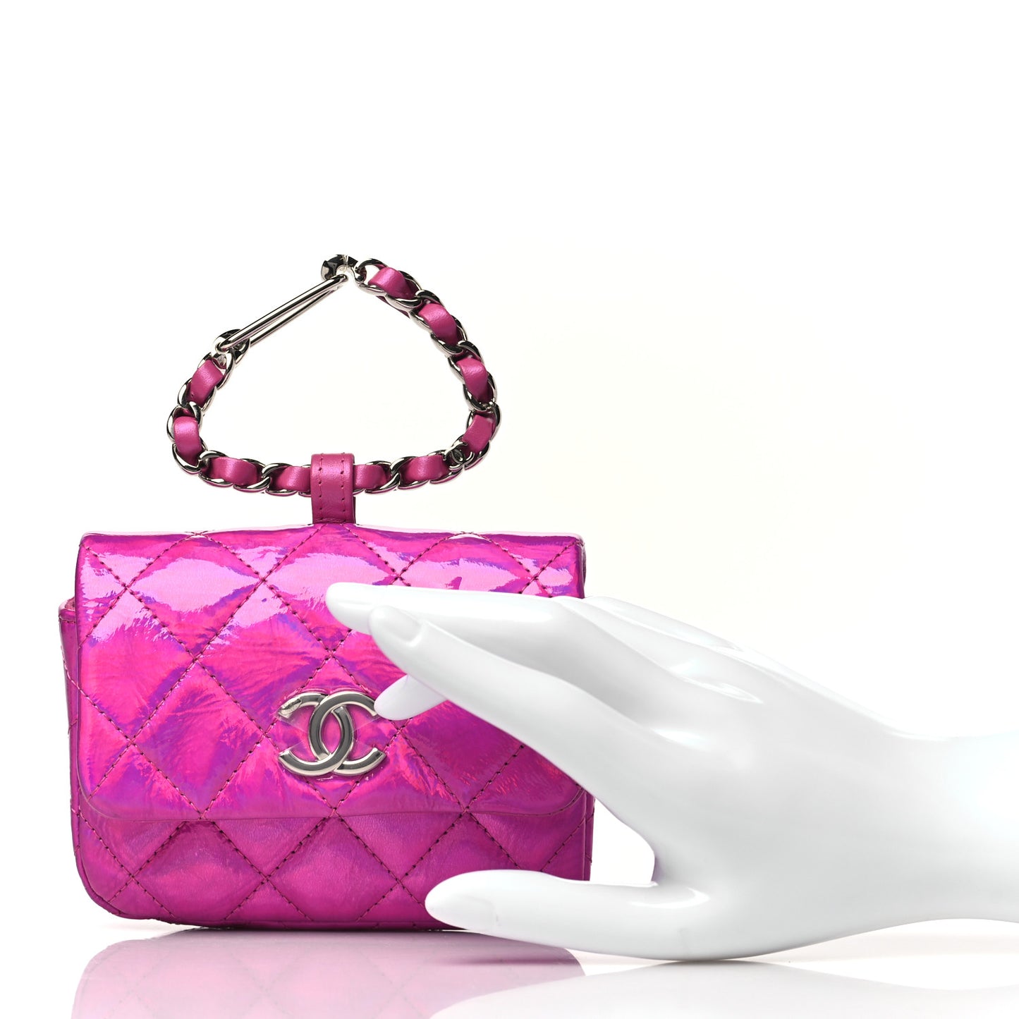 Patent Lambskin Quilted CC Hook Card Holder Pink
