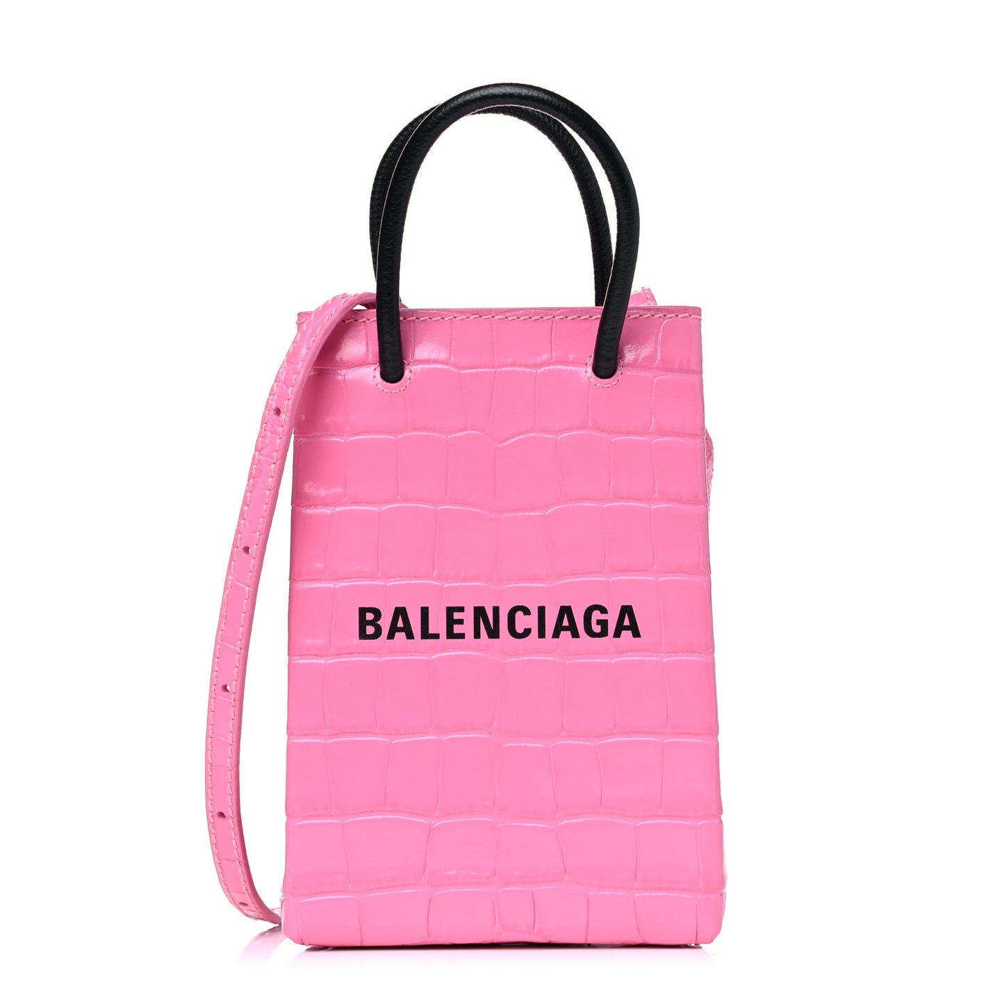 Shiny Calfskin Crocodile Embossed Logo Shopping Phone Holder Bag Rose Black