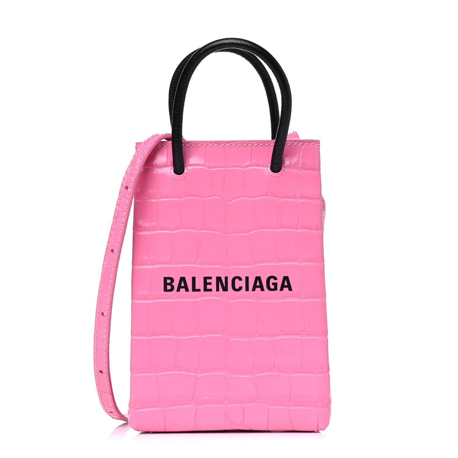 Balenciaga Shiny Calfskin Crocodile Embossed Logo Shopping Phone Holder Bag Rose Black 1 of 11