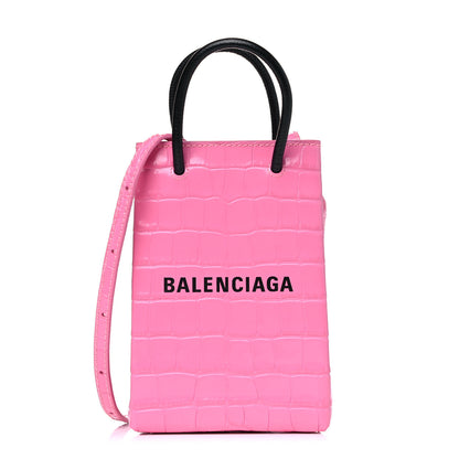 Balenciaga Shiny Calfskin Crocodile Embossed Logo Shopping Phone Holder Bag Rose Black 1 of 11