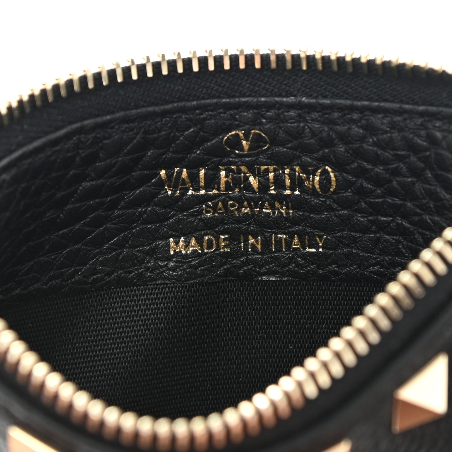 Pebbled Calfskin Rockstud Coin Case Card Holder Black