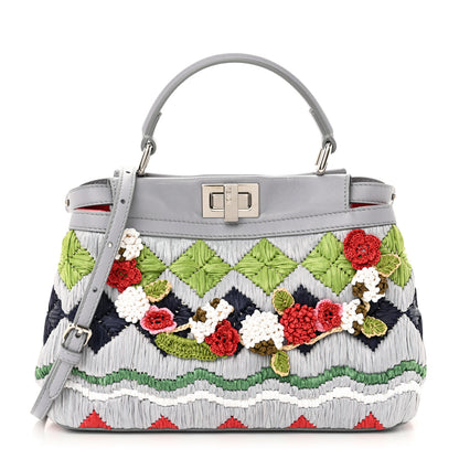 Fendi Nappa Raffia Embroidered Mini Peekaboo Iconic Satchel Grey Multicolor 1 of 10