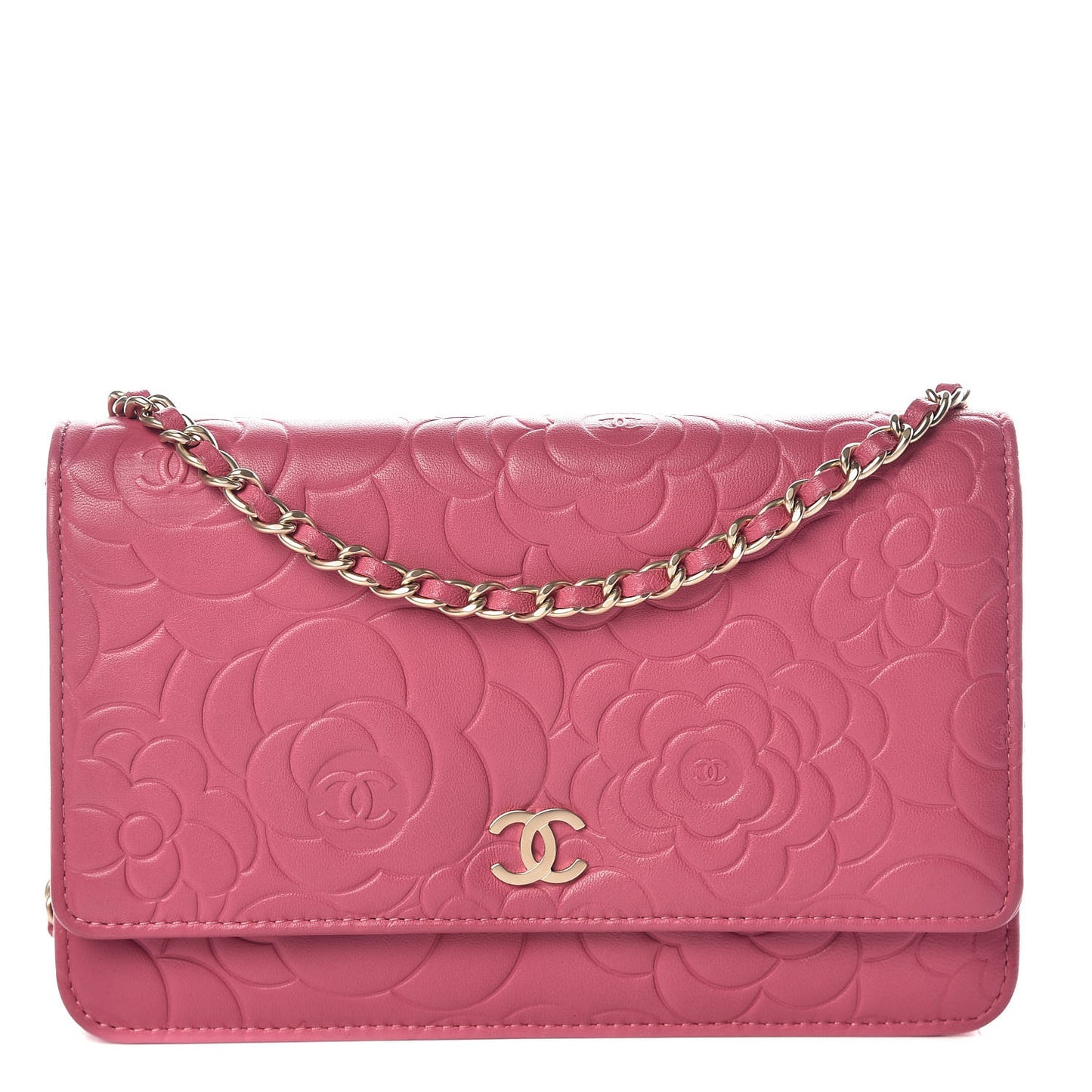 Lambskin Camellia Embossed Wallet On Chain WOC Pink