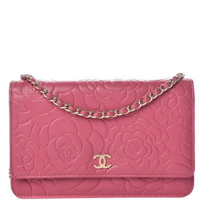 Chanel Lambskin Camellia Embossed Wallet On Chain WOC Pink 1 of 13