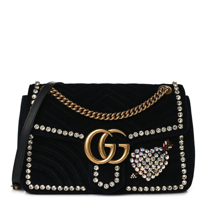 Gucci Velvet Matelasse Crystal Medium GG Marmont Shoulder Bag Black 1 of 10