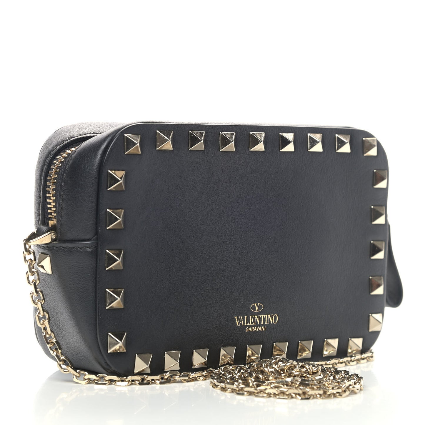 Calfskin Small Rockstud Chain Camera Crossbody Bag Black